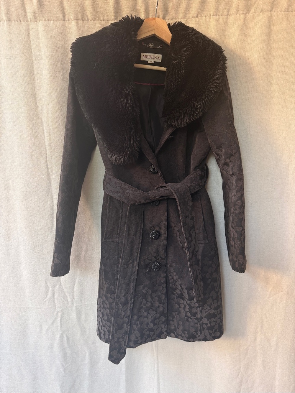 Merona Black Faux Fur Collar Trench Coat with Belt